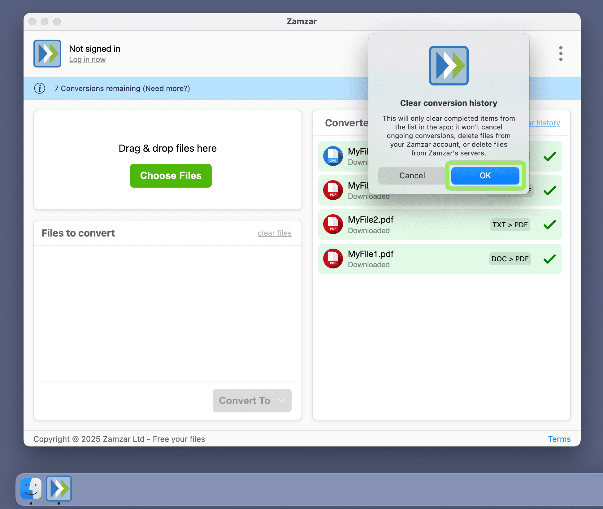 Shows the clear history confirmation