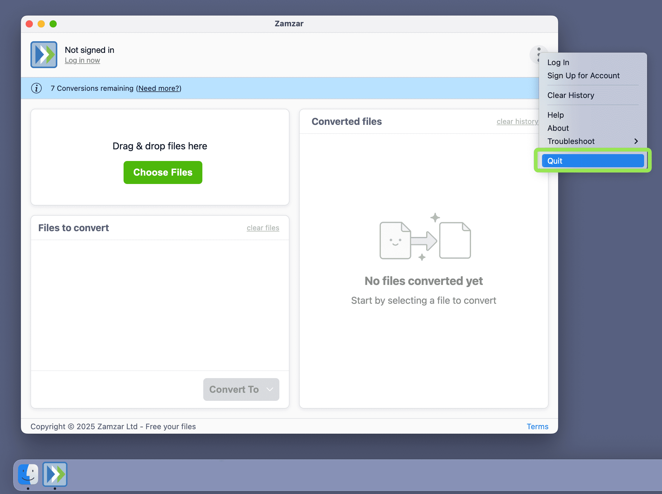 Highlights the Quit option