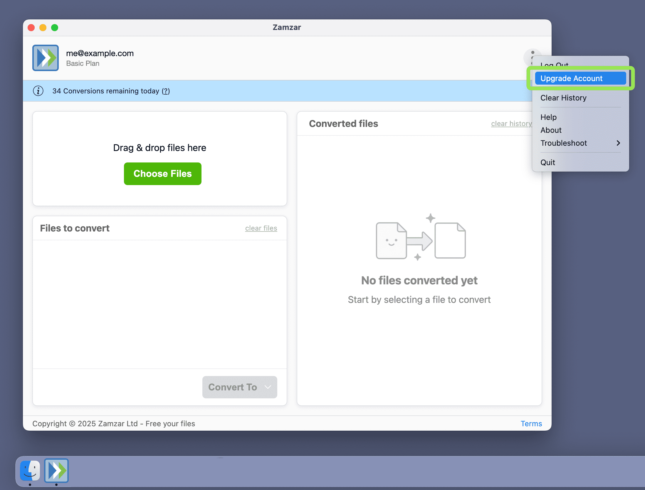 Highlights the Upgrade account link