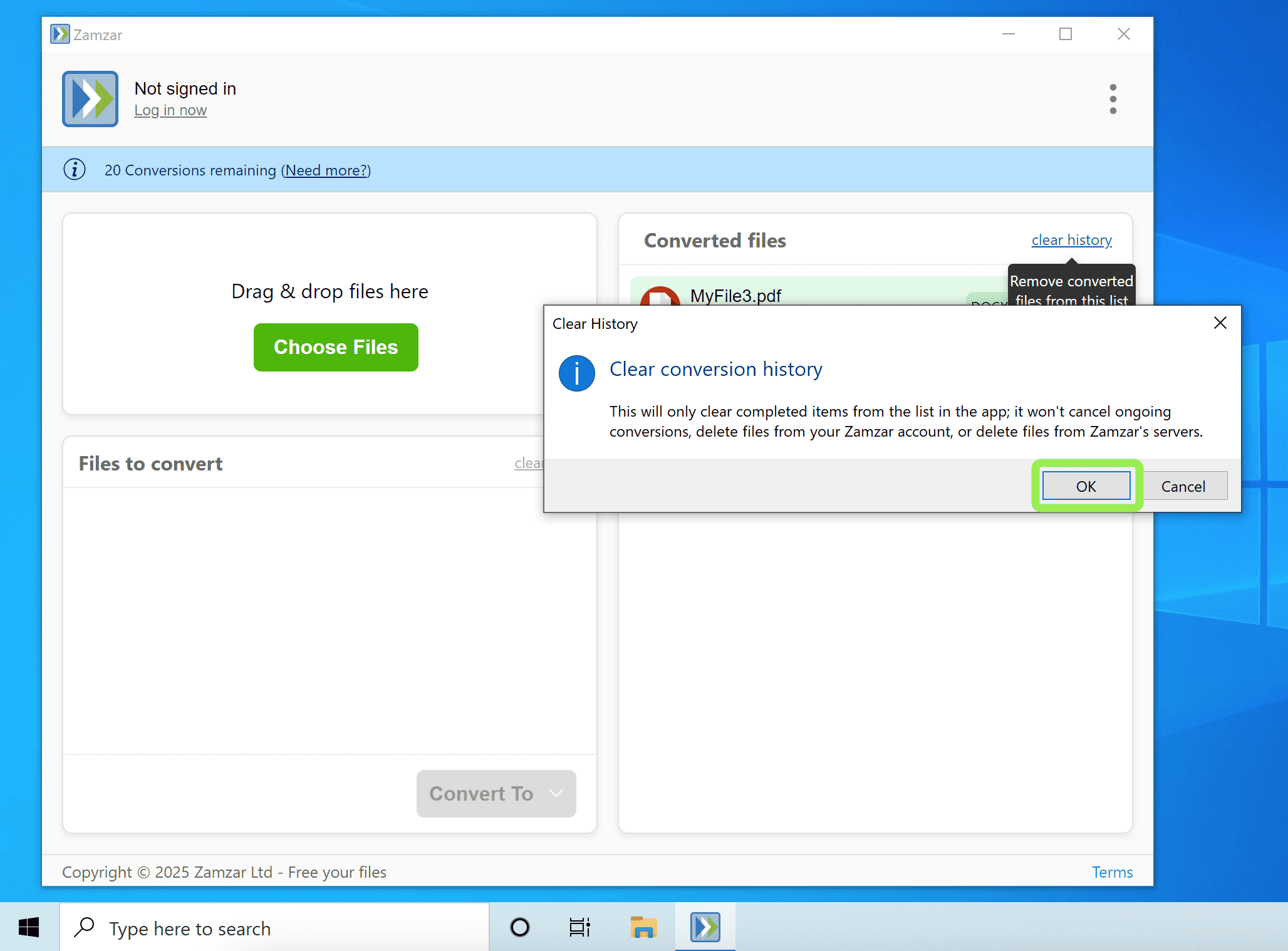 Clear history confirmation screenshot