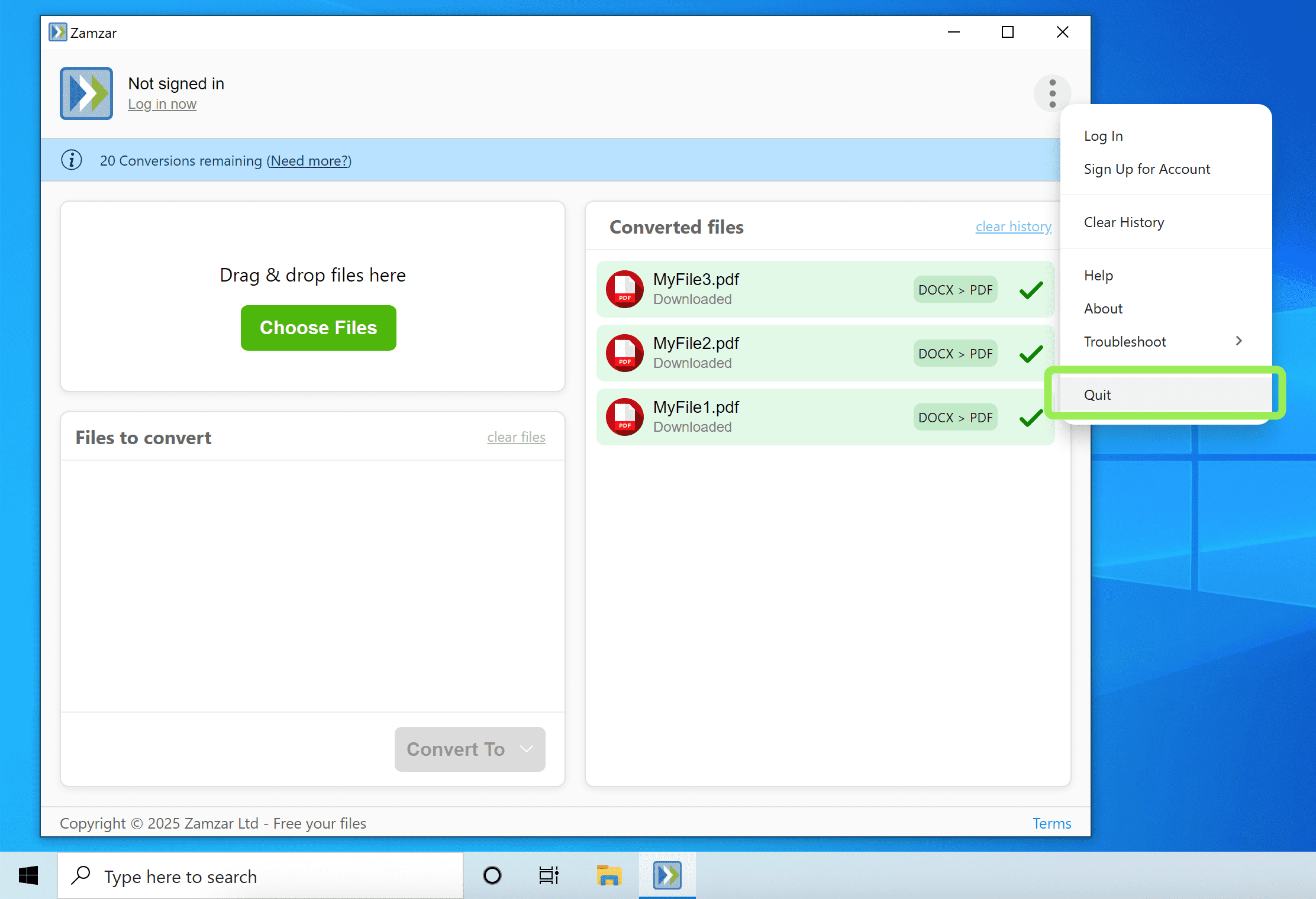 Highlights the Quit option in the menu