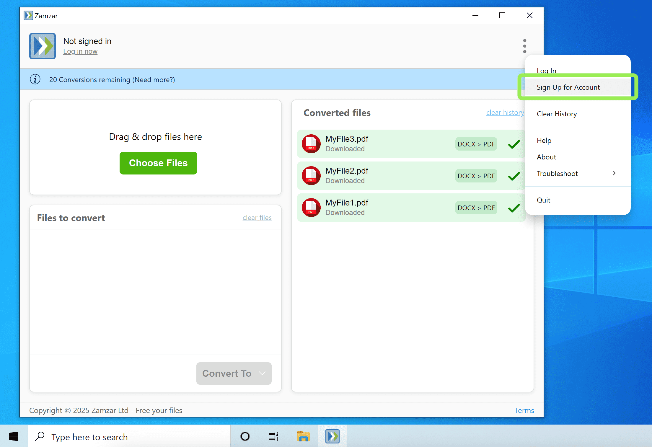 Highlights Sign Up for Account in the drop down menu